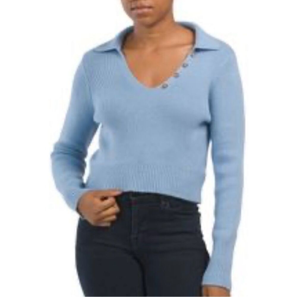 Happily Grey blue ribbed collared cropped sweater large